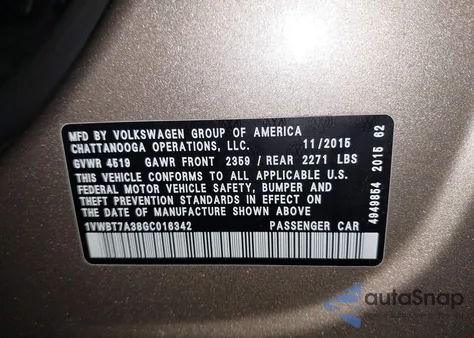 2016 Volkswagen Passat 1.8T Se z USA, uszkodzony, nr VIN 1VWBT7A38GC016342